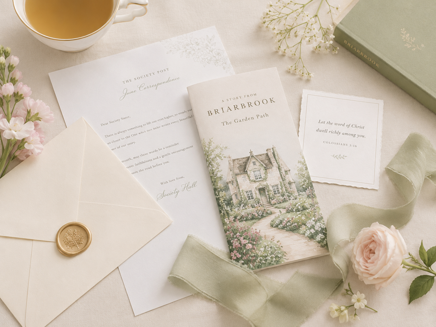 A flatlay of the first Society Post mailing: a June correspondence letter from Society Hall, an A Story from Briarbrook booklet, a Scripture card, a sealed envelope, and a cup of tea